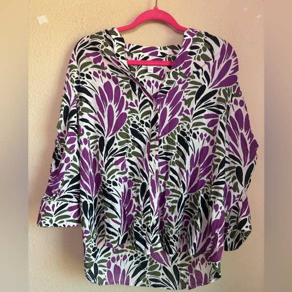 Chico’s Ruched Sleeve Tropical Floral Blouse in African Violet 2.5 14 - Picture 2 of 10